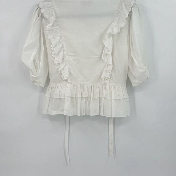 Voca Vaca Womens Ruffle Eyelet V-Neck Blouse White Small - Picture 4 of 12